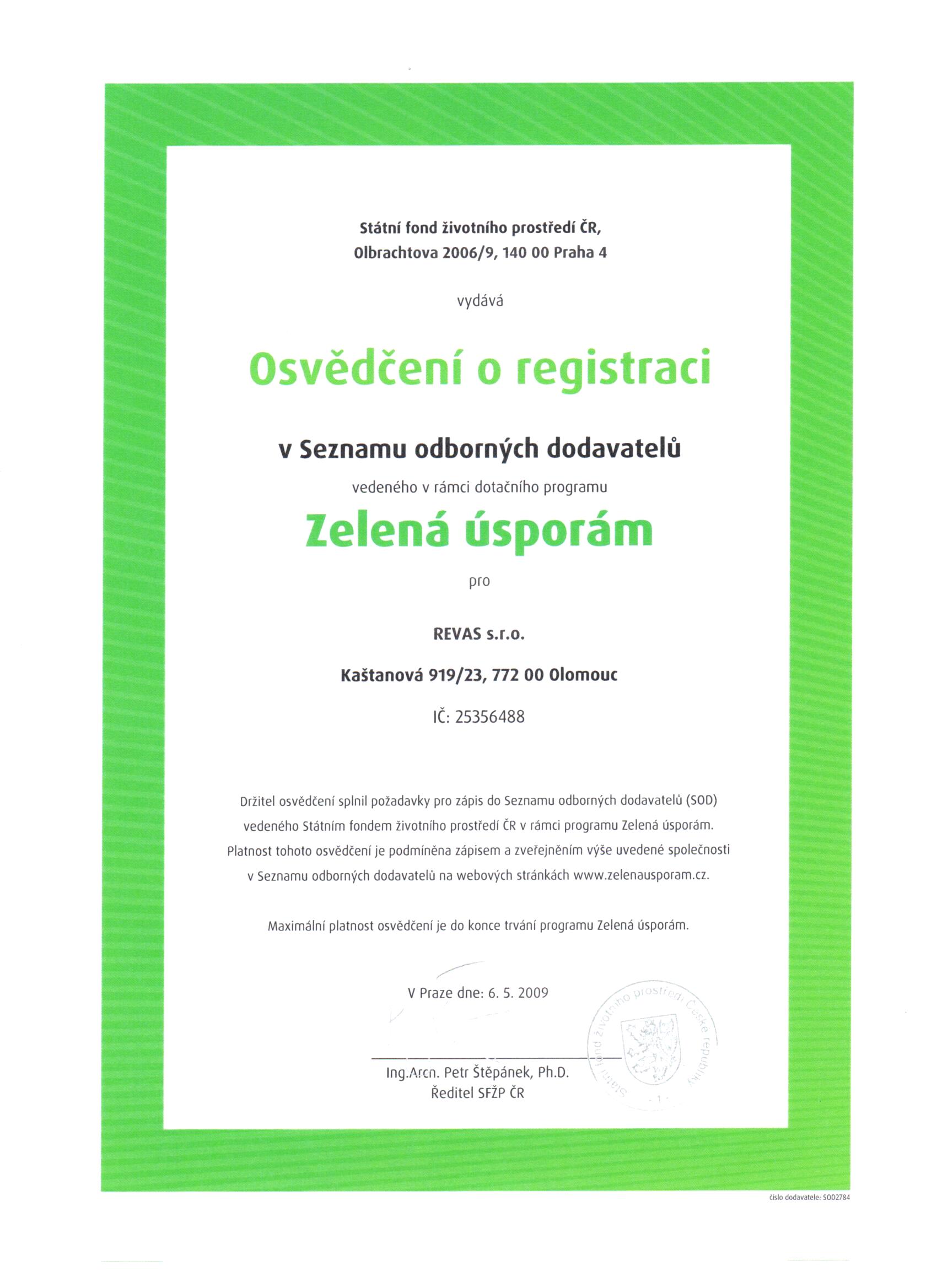Osvědčení o registraci 